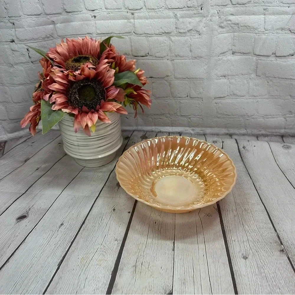 vintage anchor hocking serving bowl peach luster swirl pattern cottagecore
